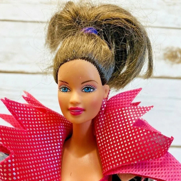 MATTEL BARBIE Doll Brunette Hair Blue Eyes Pink Black Dress 12" Tall - Picture 2 of 13